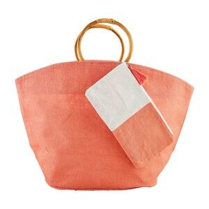 Mud Pie Bright Jute Tote & Case Set Coral New with Tags Bamboo Bag Handbag Purse